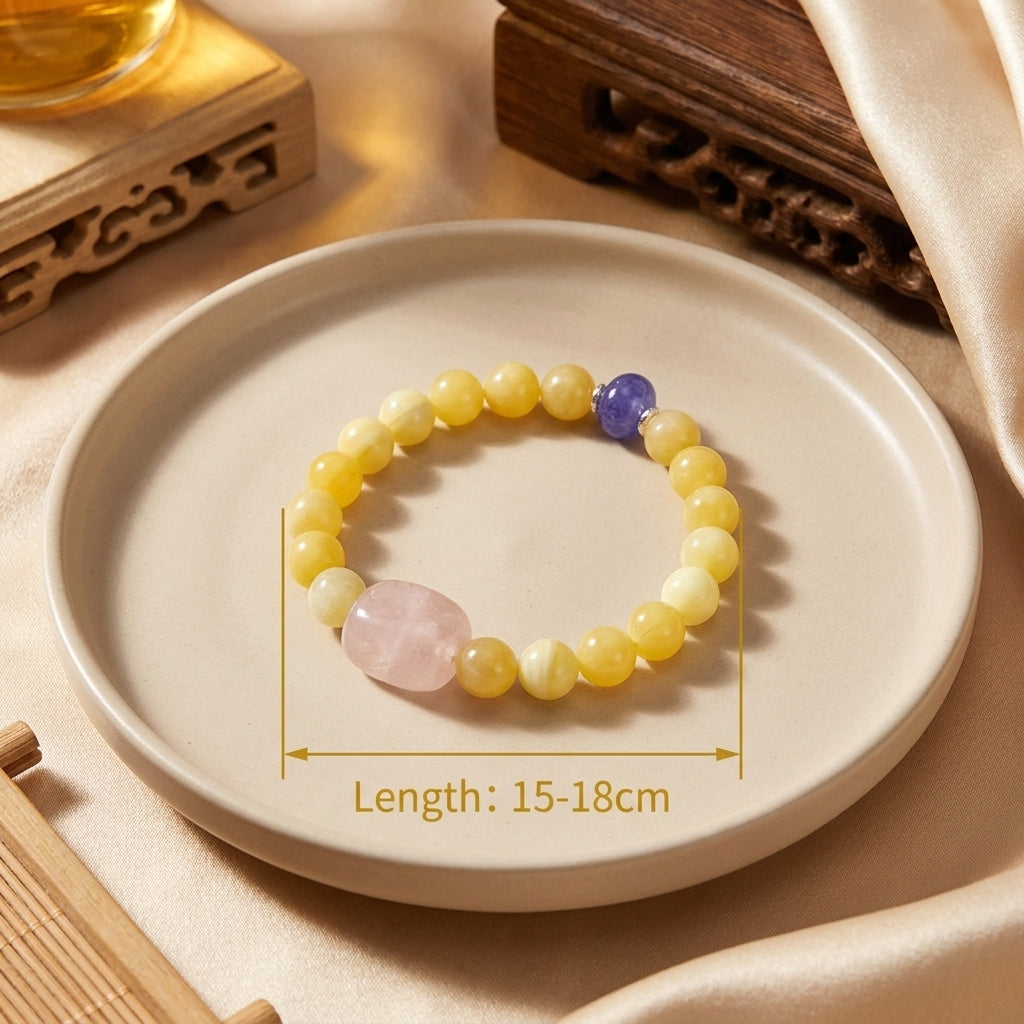 "Sun's Glow and Purple Rhyme" Yellow Chalcedony, Tanzanite, and Rose Quartz Bracelet