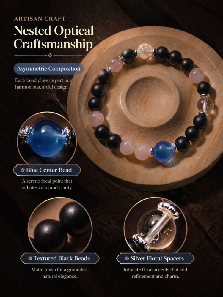 "Night Fog and Starlight" Ebony x Rose Quartz x Aquamarine Bracelet `#EbonyBracelet #RoseQuartzBracelet #AquamarineBracelet #CoolLovelyAccessory #GemstoneBracelet #HealingAccessory #CommuteAccessory #DailyAccessory #StudentAccessory #GiftRecommendation`