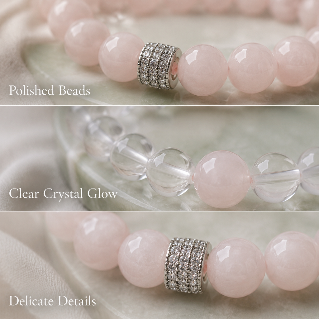 "Double Pink Heart" Rose Quartz x Crystal Bracelet Set