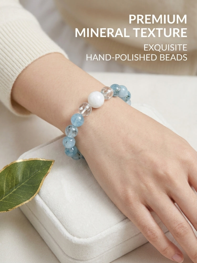 「青い海の月の光」アクアマリン×クリスタル×ムーンストーンブレスレット