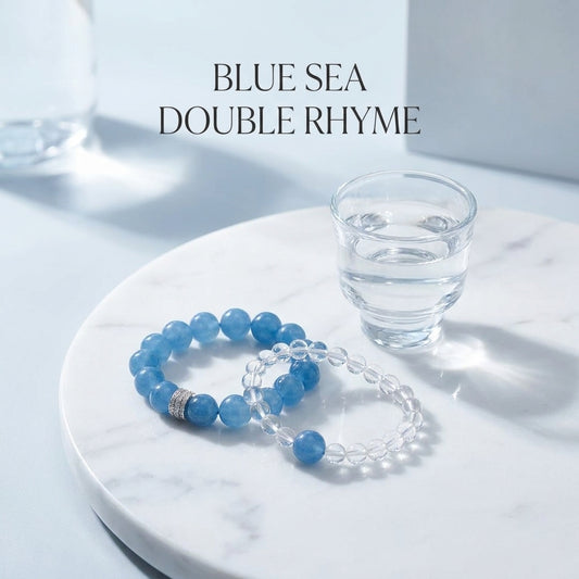 "Double Rhyme of the Blue Sea" Blue Chalcedony × Crystal Bracelet Set