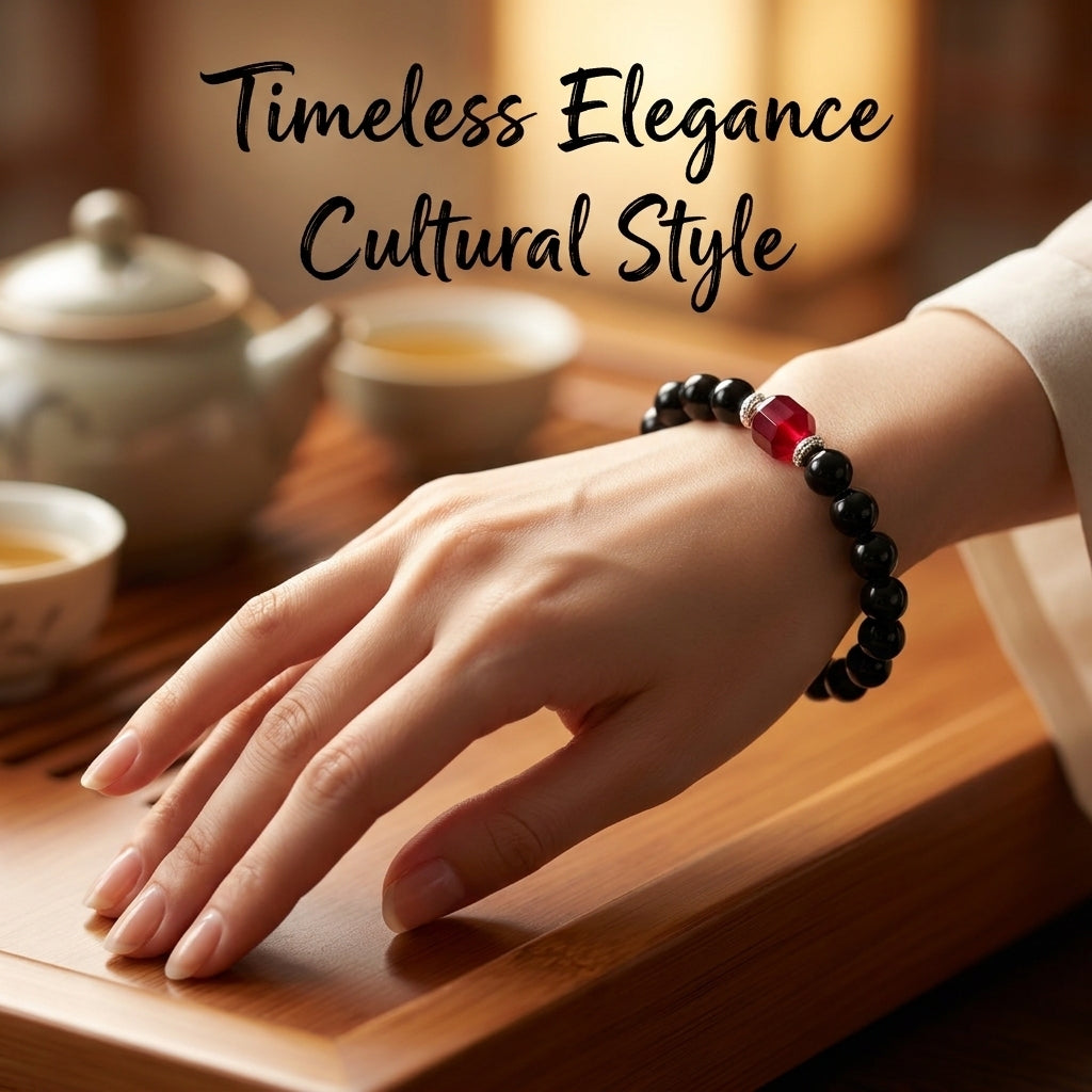 "Ink-Black Vermilion" Obsidian x Red Agate Bracelet