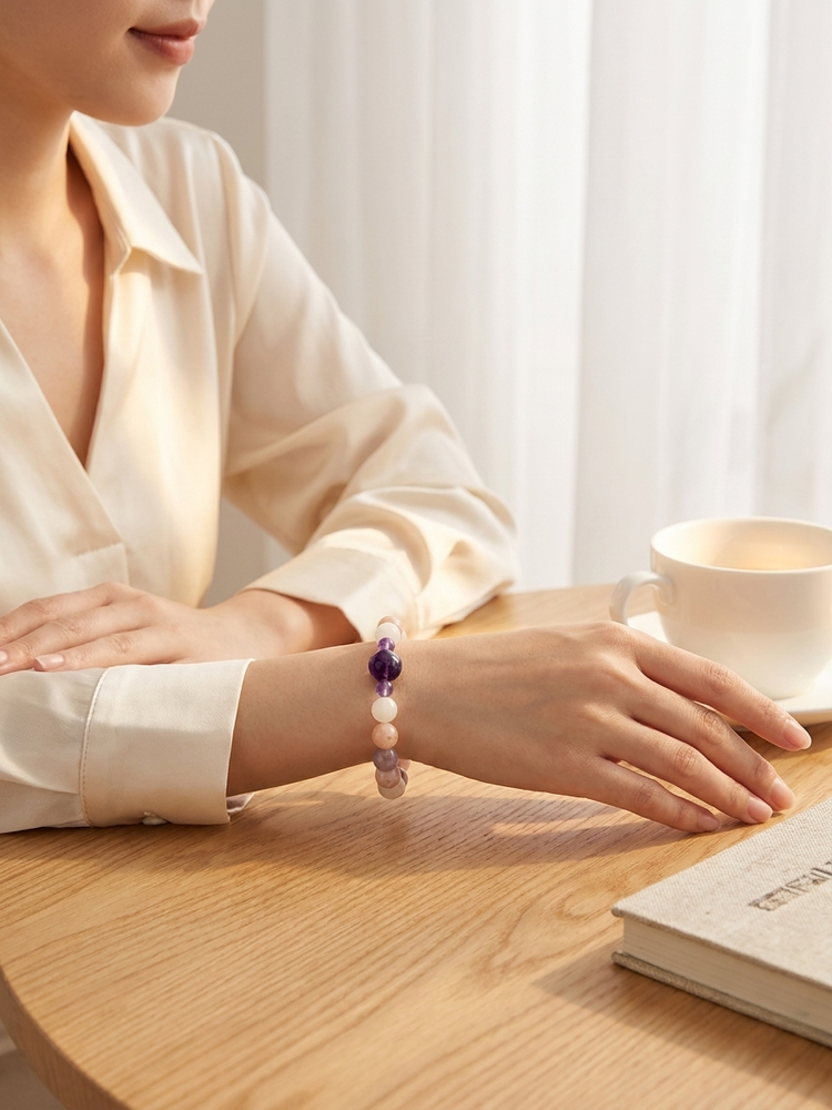 "Purple Mist and Peach Blossom" Cherry Blossom Agate x Amethyst Bracelet