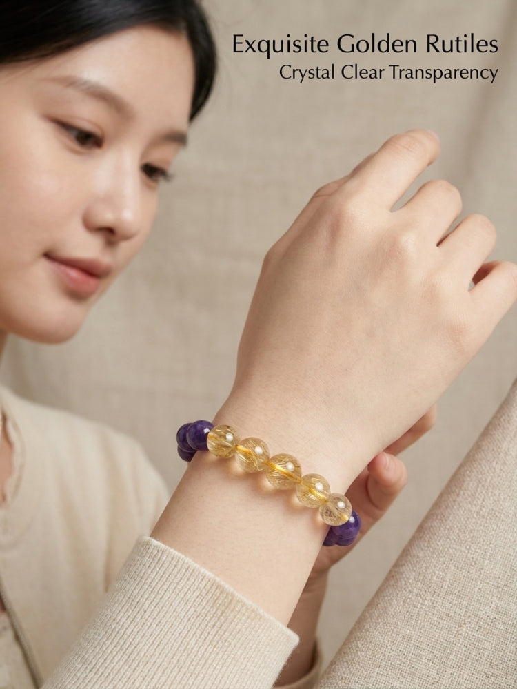 "Purple Aura and Golden Light" Amethyst x Rutilated Quartz Bracelet