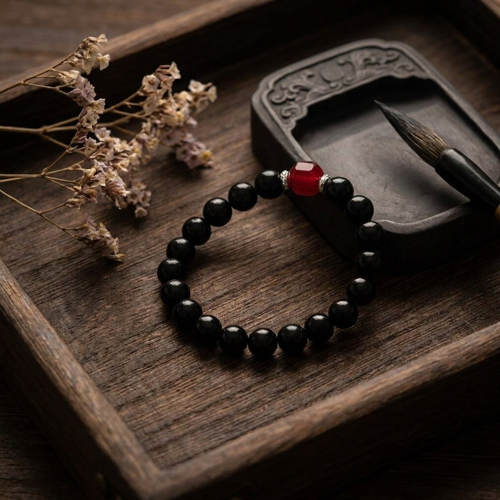 "Ink-Black Vermilion" Obsidian x Red Agate Bracelet