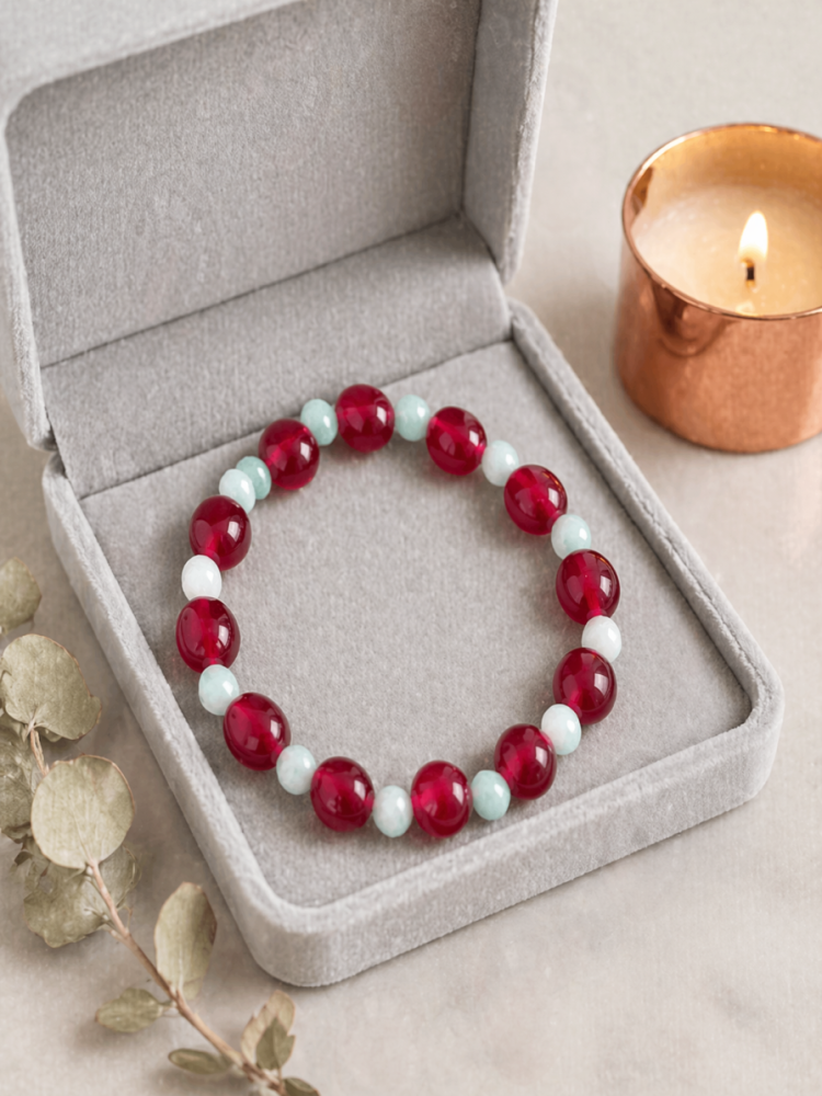 "Crimson Luck and Azure Serenity" Red Agate x Amazonite Bracelet