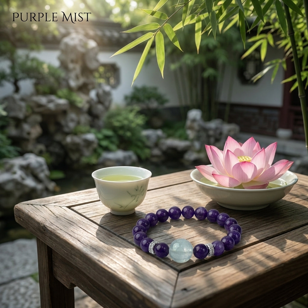 "Pure Radiance of Purple Mist" Lithiophilite x Aquamarine Bracelet