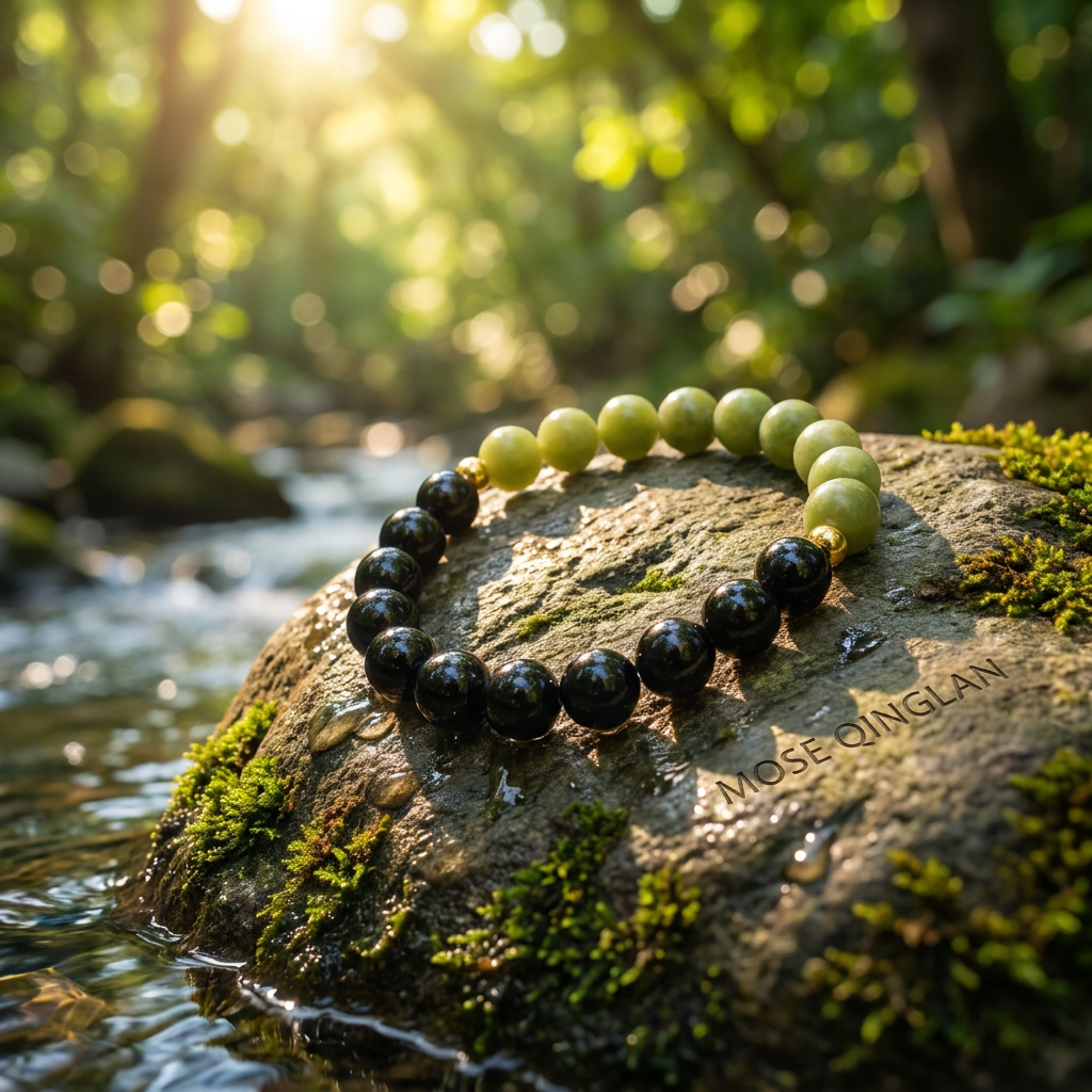 "Ink-Blue Wind" Obsidian x Jadeite Bracelet