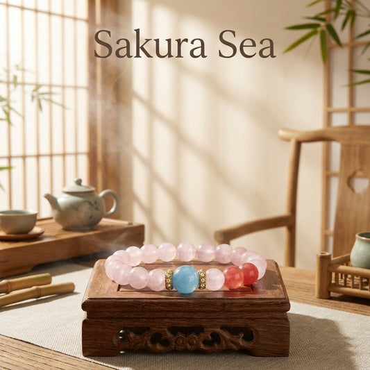 "Cherry Blossoms and the Sea" Rose Quartz x Aquamarine Bracelet