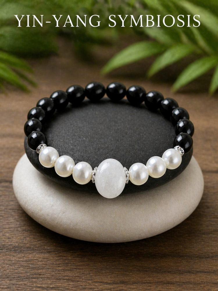 "Ink-Colored Moonlight" Obsidian x Pearl Bracelet