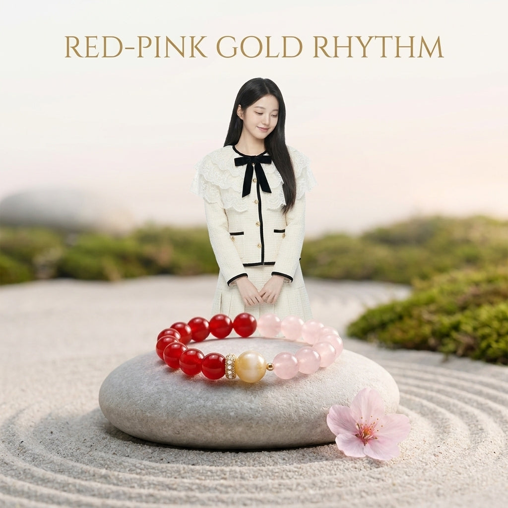 "Rhyme of Red and Pink Gold" Red Agate x Rose Quartz x Rutilated Quartz Bracelet