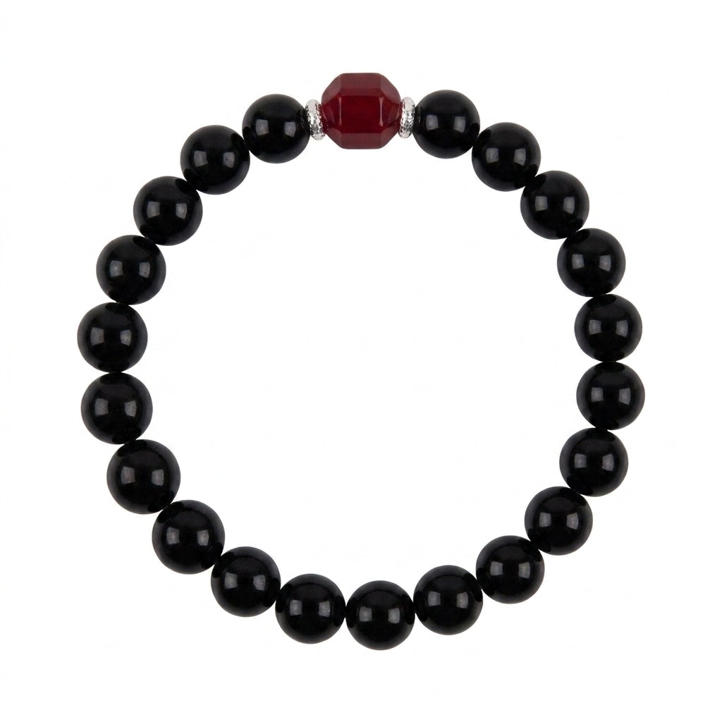 "Ink-Black Vermilion" Obsidian x Red Agate Bracelet