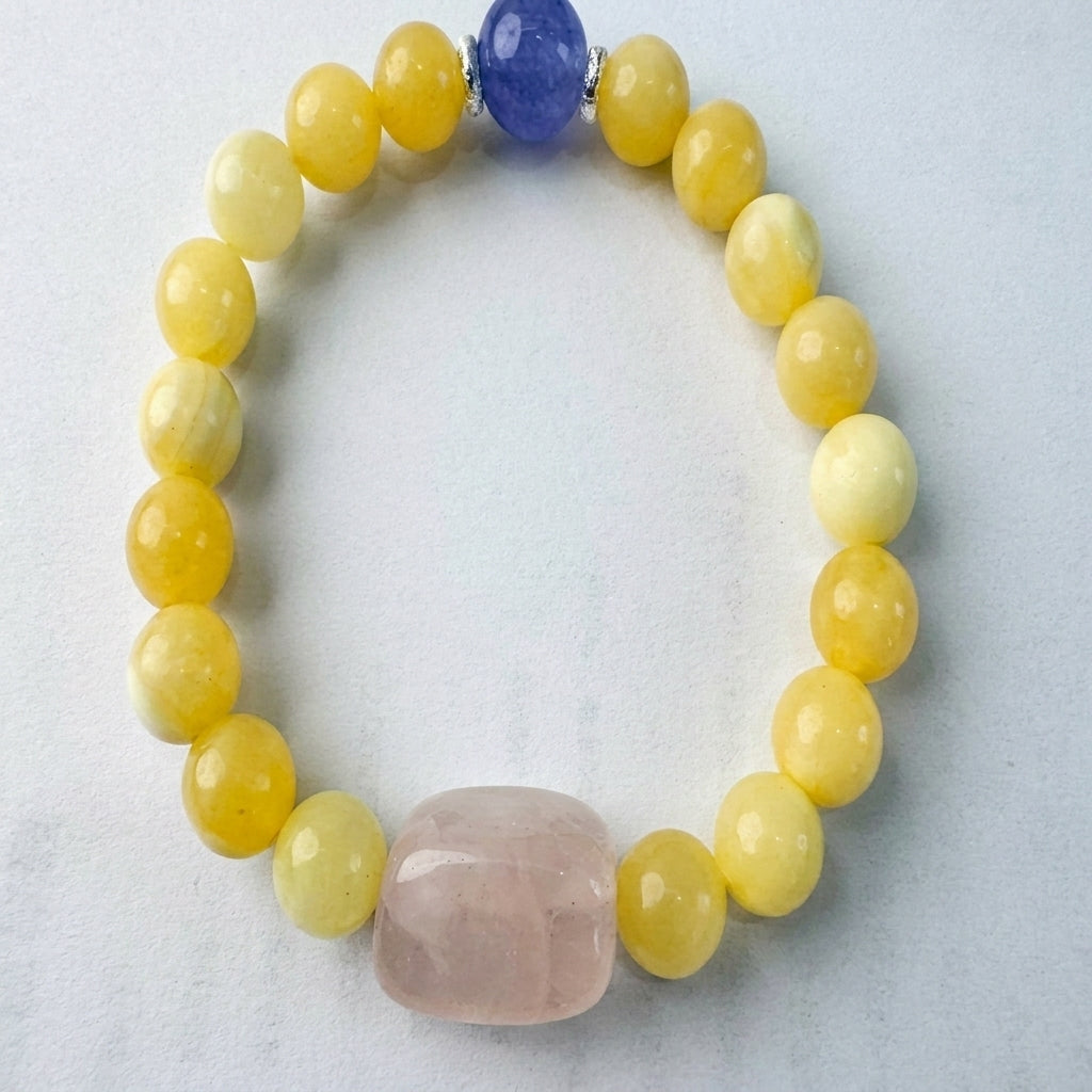 "Sun's Glow and Purple Rhyme" Yellow Chalcedony, Tanzanite, and Rose Quartz Bracelet