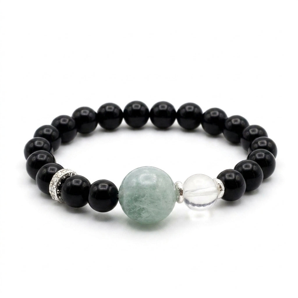 "Ink-colored Cloud Shadow" Obsidian x Aquamarine x Crystal Bracelet