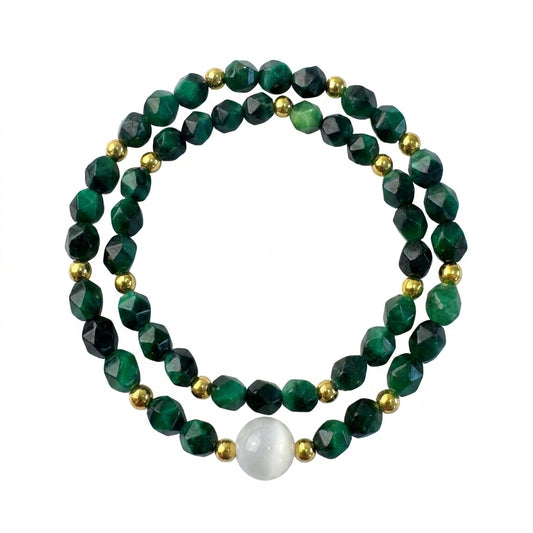 "Blue Forest Moonlight" Green Tiger Eye x Crystal Bracelet