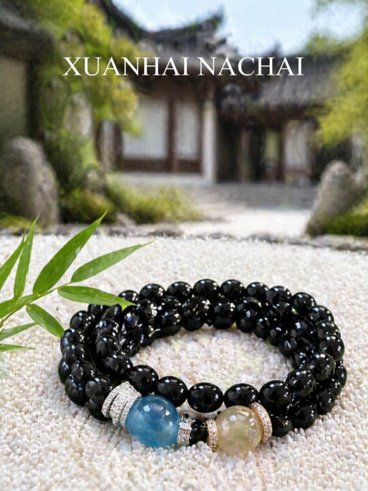 「玄海財を納める」黒曜石3連パワーストーンブレスレット