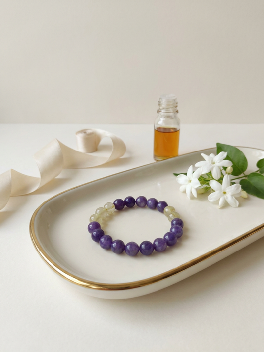 "Purple Aura and Golden Light" Amethyst x Rutilated Quartz Bracelet