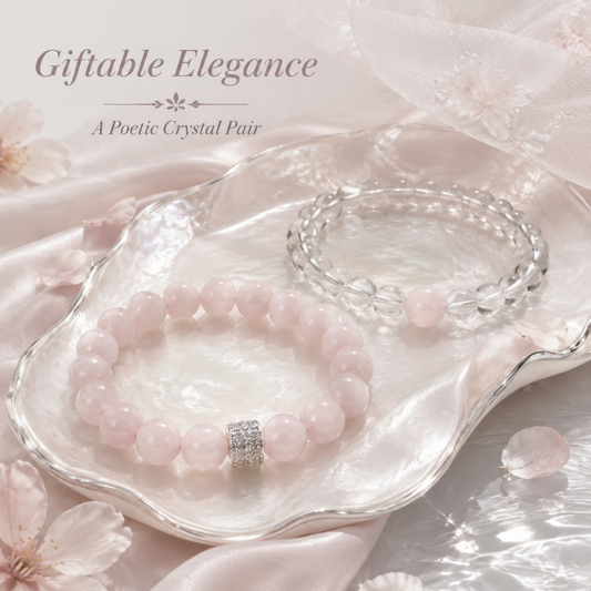 "Double Pink Heart" Rose Quartz x Crystal Bracelet Set