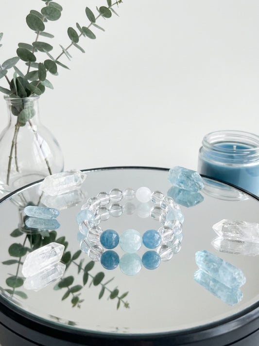 "Moonlight on the Blue Ocean" Aquamarine x Crystal x Moonstone Bracelet
